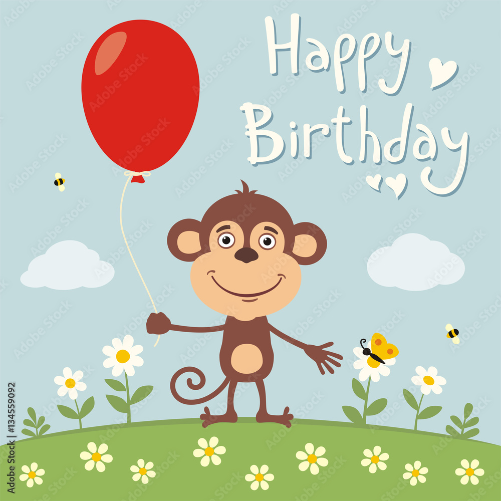 Happy birthday! Funny monkey with red balloon on flower meadow. Birthday card with monkey in cartoon style. Happy birthday! Funny monkey with red balloon on flower meadow. Birthday card with monkey in cartoon style.