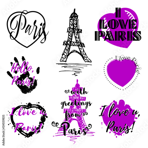 Set of labels with lettering about Paris and heart paint splashes in black and violet isolated on white. Collection of souvenir prints for fabric textiles, clothing, shirts. Vector illustration