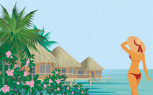 Vector background with the image of the beautiful suntanned girl in an environment of tropical vegetation. Summer sea landscape.