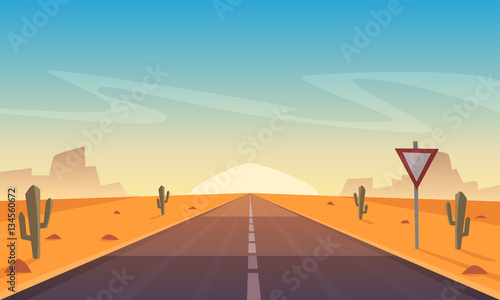 Desert landscape with asphalt road, cartoon vector illustration.