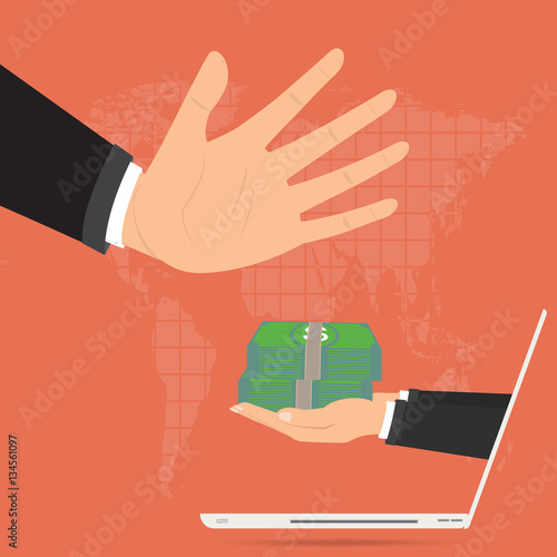 Businessman hand refusing the offered bribe for company corruption from internet online laptop. Vector illustration business concept design.