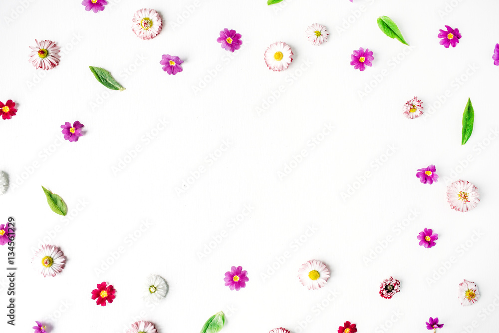 Frame made of chamomile buds, wildflowers, leaves, petals on white background. Flat lay, top view