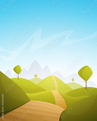 Cartoon illustration of the countryside landscape with road and trees.