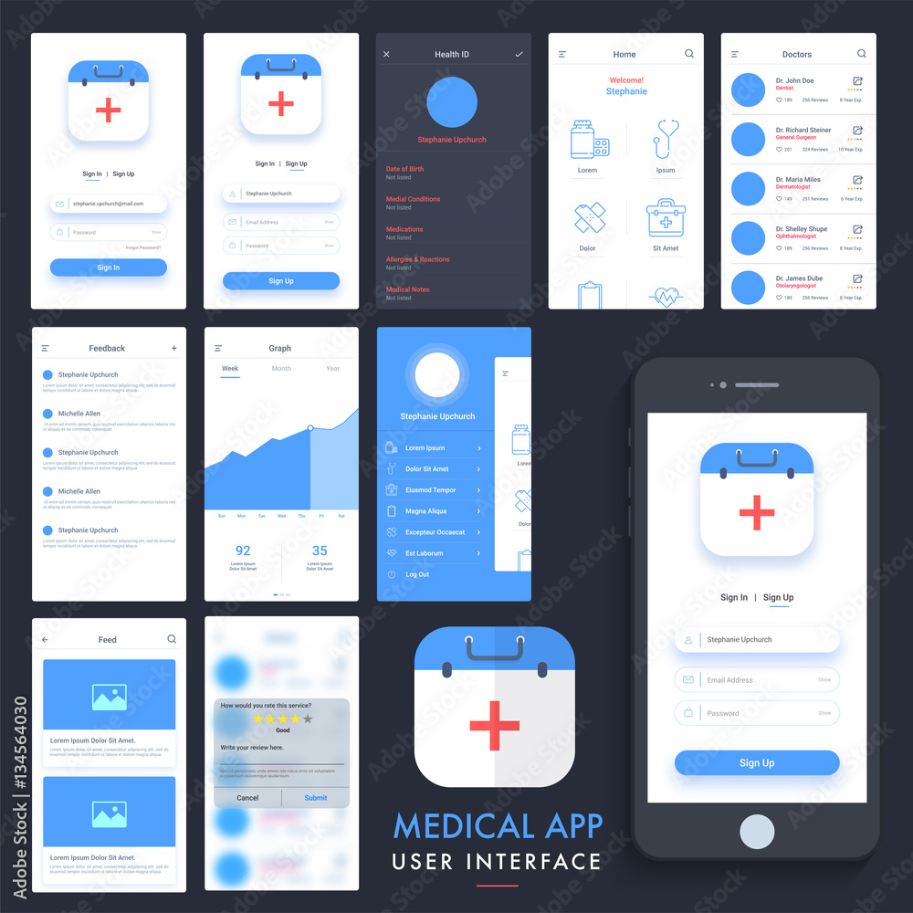 Medical App UI, UX and GUI kit. Adobe Stock