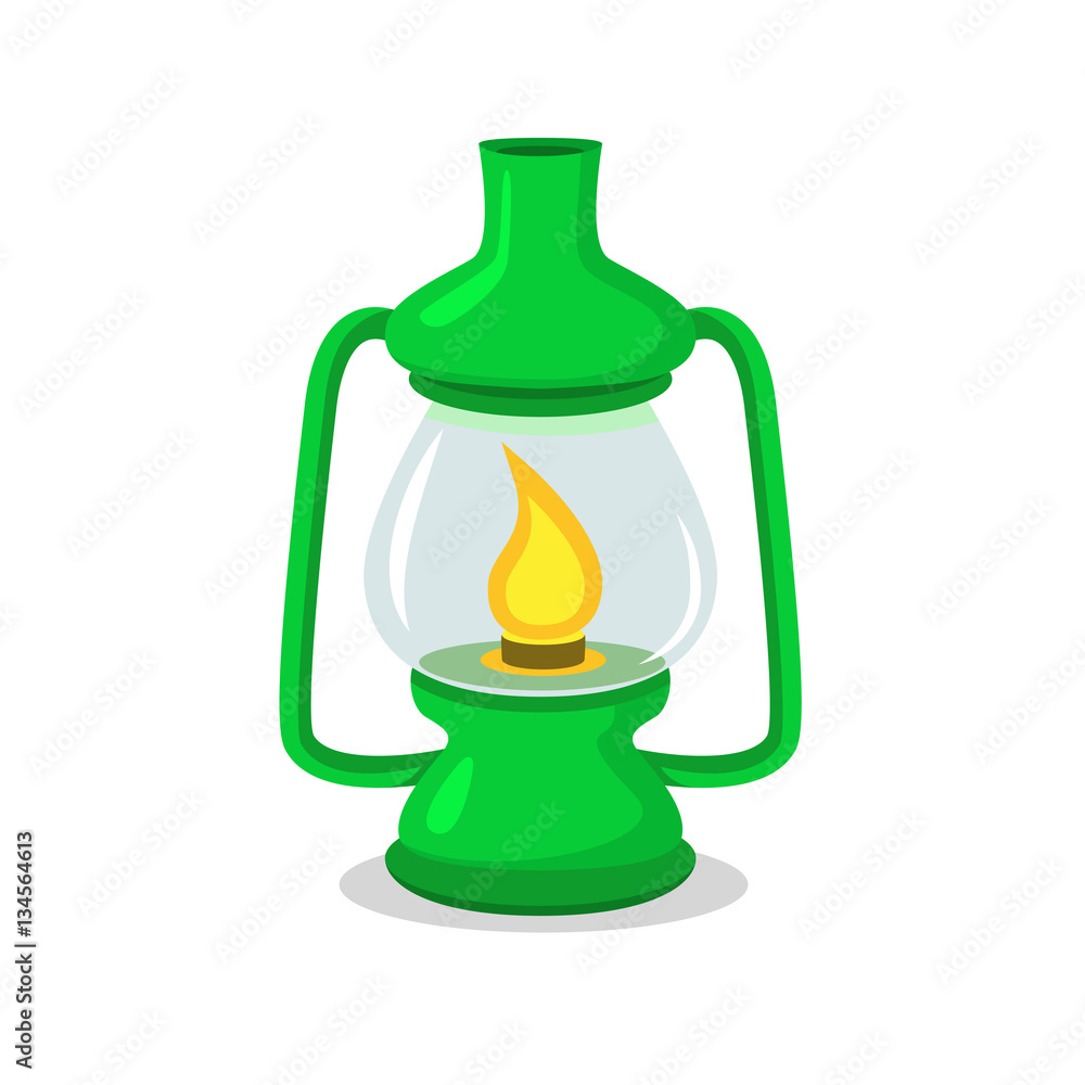 Vintage green camping lantern on white in flat and cartoon style Stock
