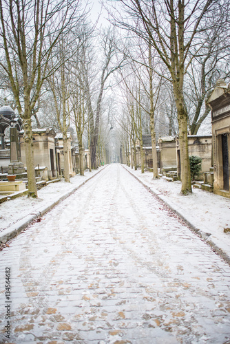 Paris, the Pere-Lachaise cemetery, snow in winter