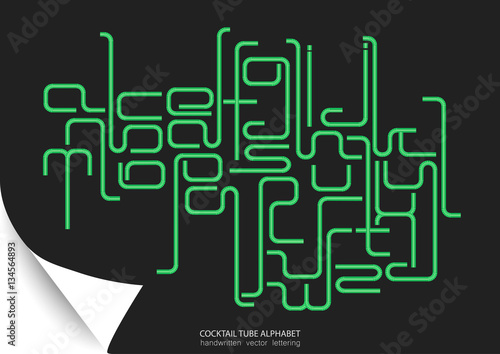 Vector lower case 3d modern alphabet. Images and associations: cocktail tube, pipeline, conduit, labyrinth, corrugating, chip, technology, connection. Green letters on black background.