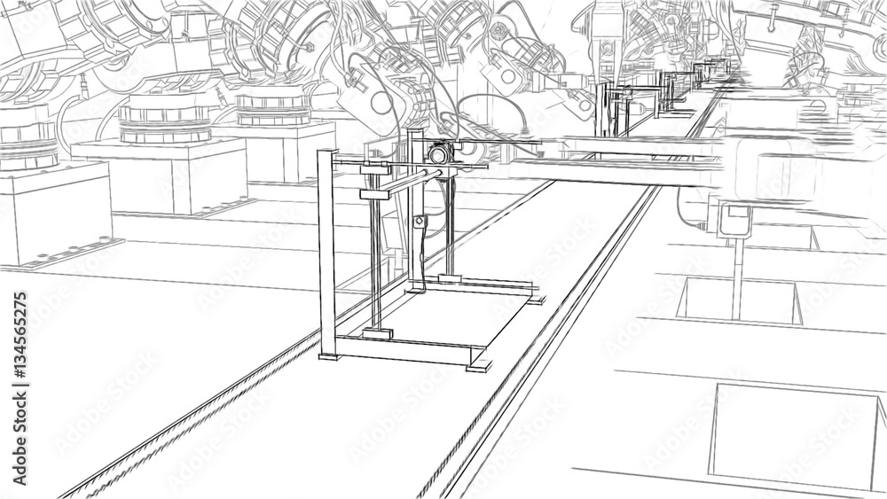 Robotic Arm Assembling 3d Printer On Conveyor Belt 3d illustration