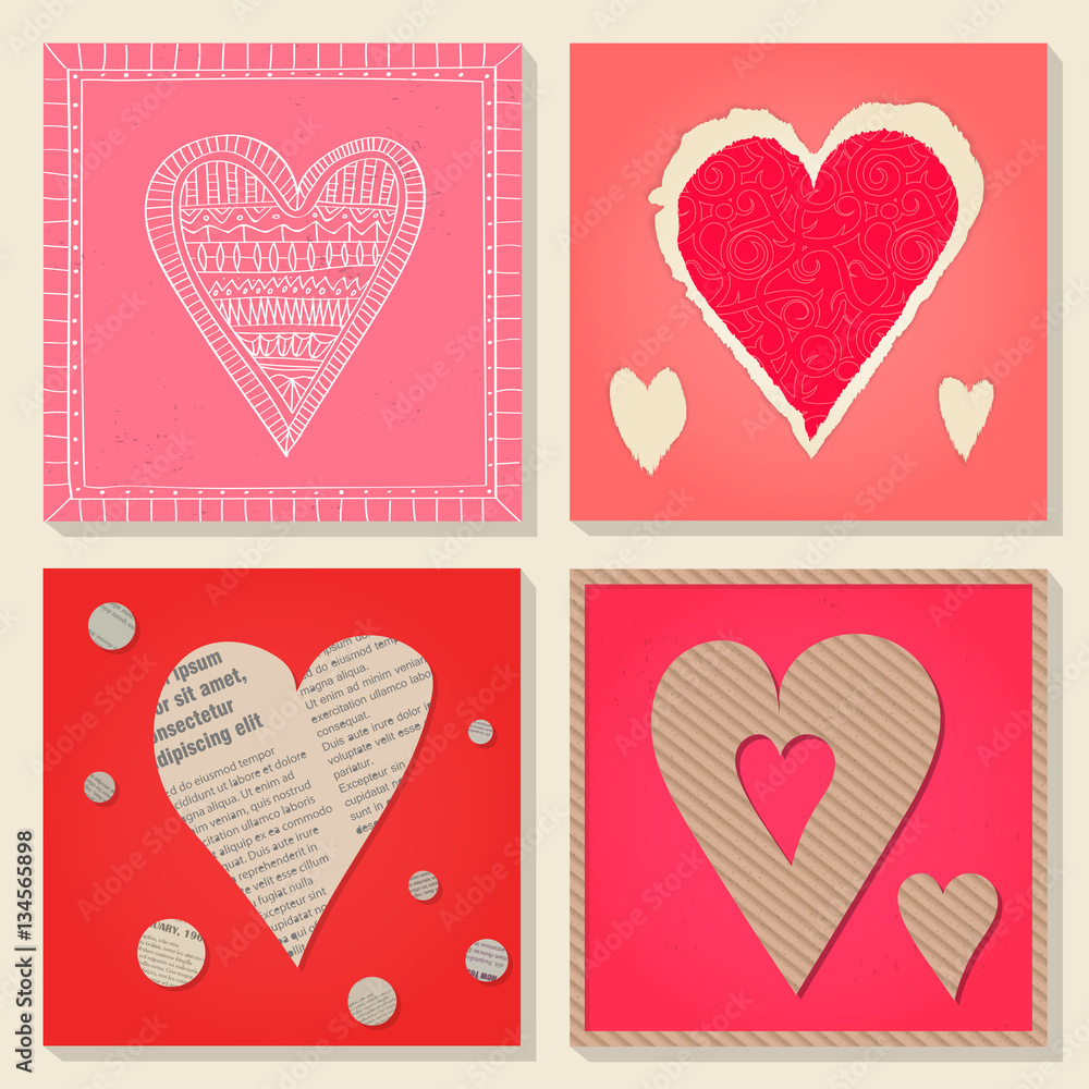 Vector set of templates on Valentine's Day 14 February. Square paper cards with heart cut out of cardboard, newsprint, torn decorative paper. Pink and red colors.