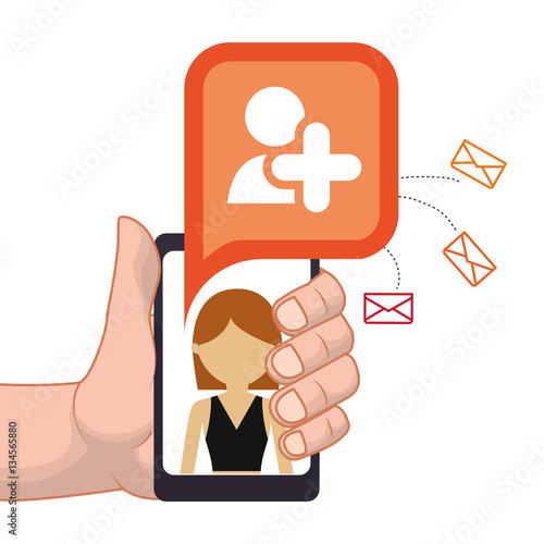 hand holding smartphone add person friend contact email vector illustration