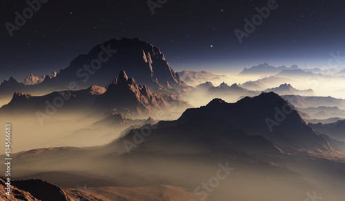 Fototapeta Naklejka Na Ścianę i Meble -  Dust storm on Mars. Sunset Martian landscape and night sky with stars. 3D Illustration