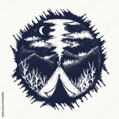 Tent in mountains tattoo art. Travel symbol, tourism