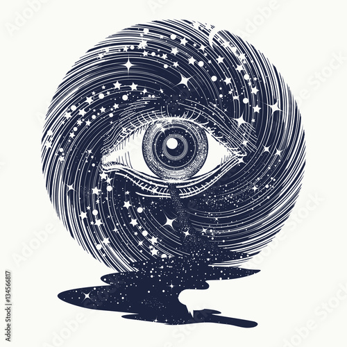 All seeing eye in space among stars tattoo art