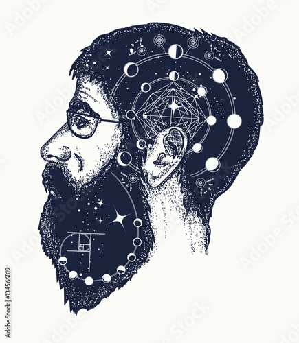 Scientist tattoo. Symbol of dreamer, creator, philosopher