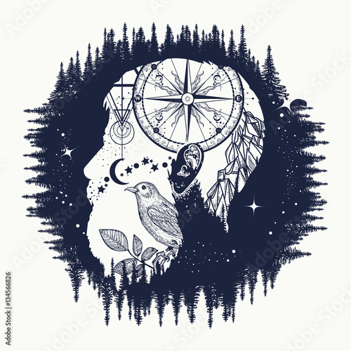 Hipster, double exposure tattoo art. Symbol travel, tourism