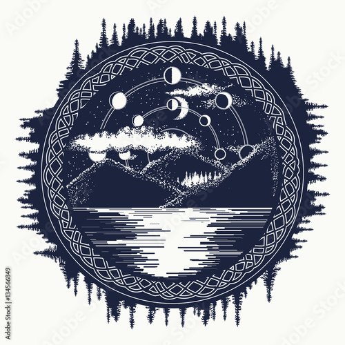Mountain lake tattoo art. Mystical symbol of tourism, camping