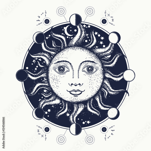 Sun tattoo art. Moon phases. Medieval alchemical symbol