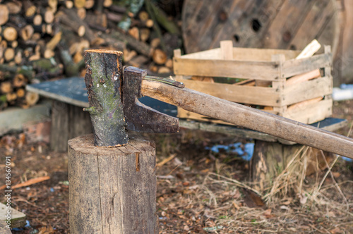 Fototapeta Naklejka Na Ścianę i Meble -  Strong lumberjack chopping wood, chips fly apart. ax, hatchet, 