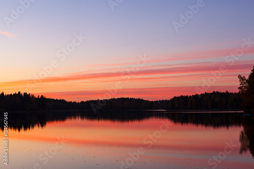 Serene view of calm lake and sunset clouds