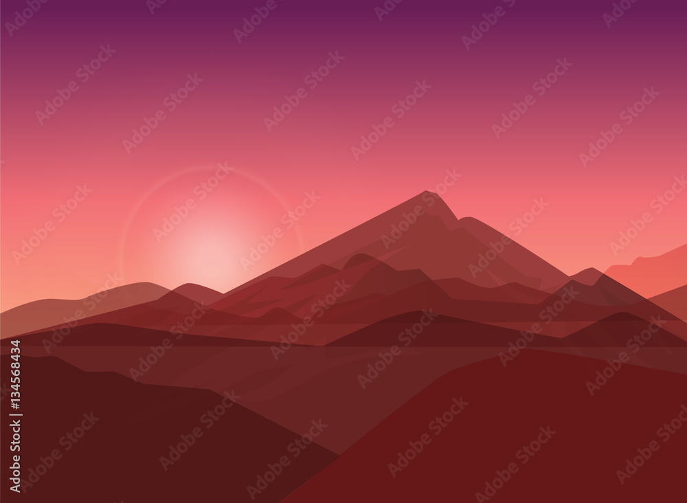 Vector Silhouettes Of Mountains Backgrounds. Sunset.