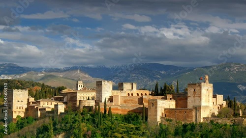 Alhambra palace and fortress complex. Granada, Spain. Panning shot, 4K