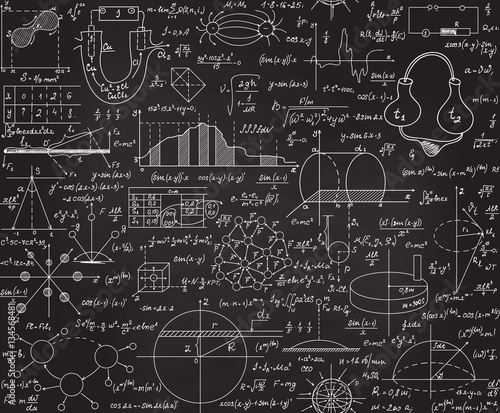 Physical scientific vector seamless pattern with formulas, plots, equations, handwritten with chalk on a grey board
