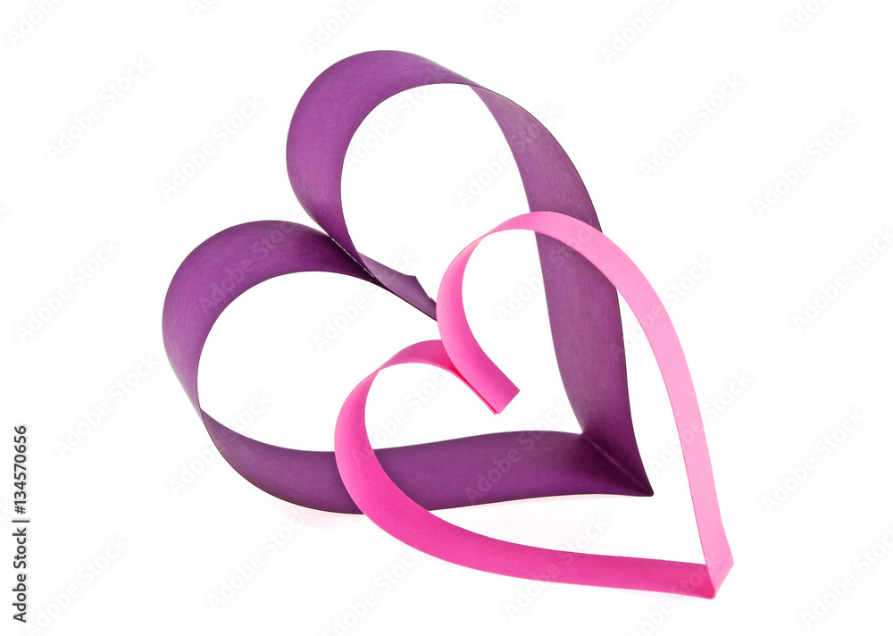 Fototapeta premium Colored hearts, made from paper on a white background. Valentine