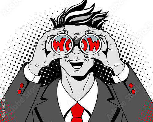 Wow pop art face. Young surprised man in suit with open mouth holding binoculars in his hands with inscription wow in reflection. Vector illustration in retro comic style on halftone background.