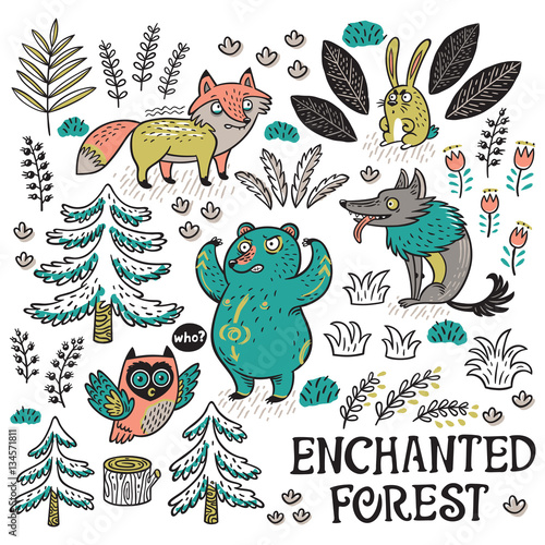 Hand drawn set with cartoon animals