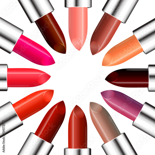 Circle of colorful lipstick with free space in the center for your text. Beauty and fashion background.