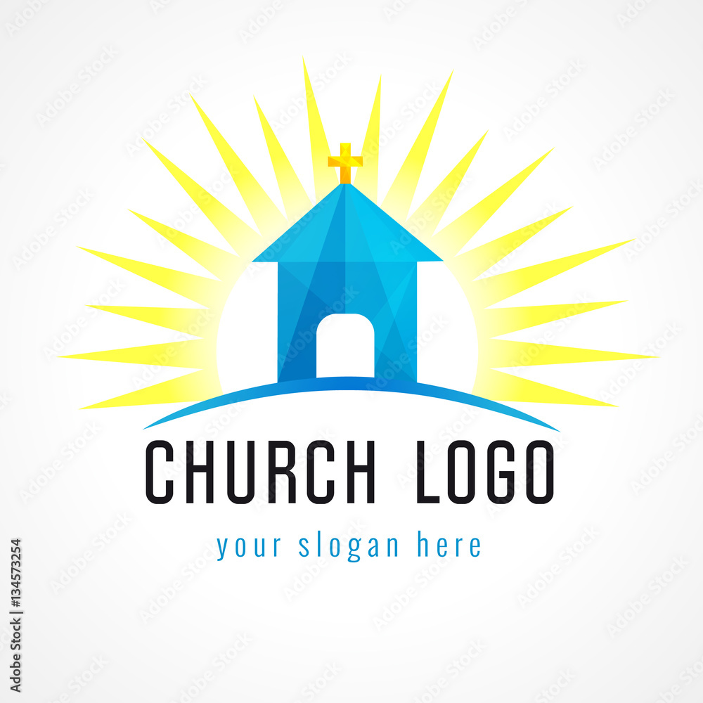 Church in sun light vector logo. Missionary icon. Template symbol for ...