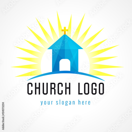 Church in sun light vector logo. Missionary icon. Template symbol for churches, events and christian organizations. Church house on hill blue facet sign.