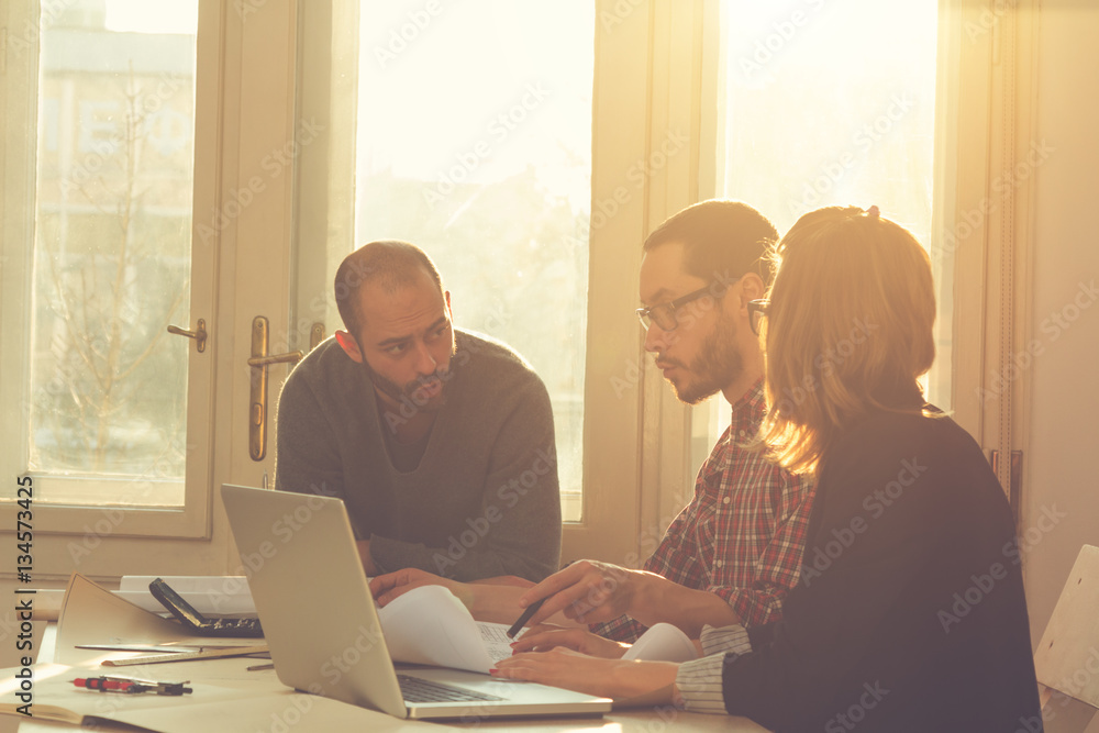 Group of people discussing business plans, with lap-tops, plans in a room lit by natural sunlight. Group of people discussing business plans, with lap-tops, plans in a room lit by natural sunlight.