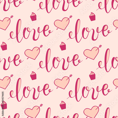  Background for Valentines day, wedding invitation. Seamless pattern with hand drawn love lettering , heart. Design for greeting card.
