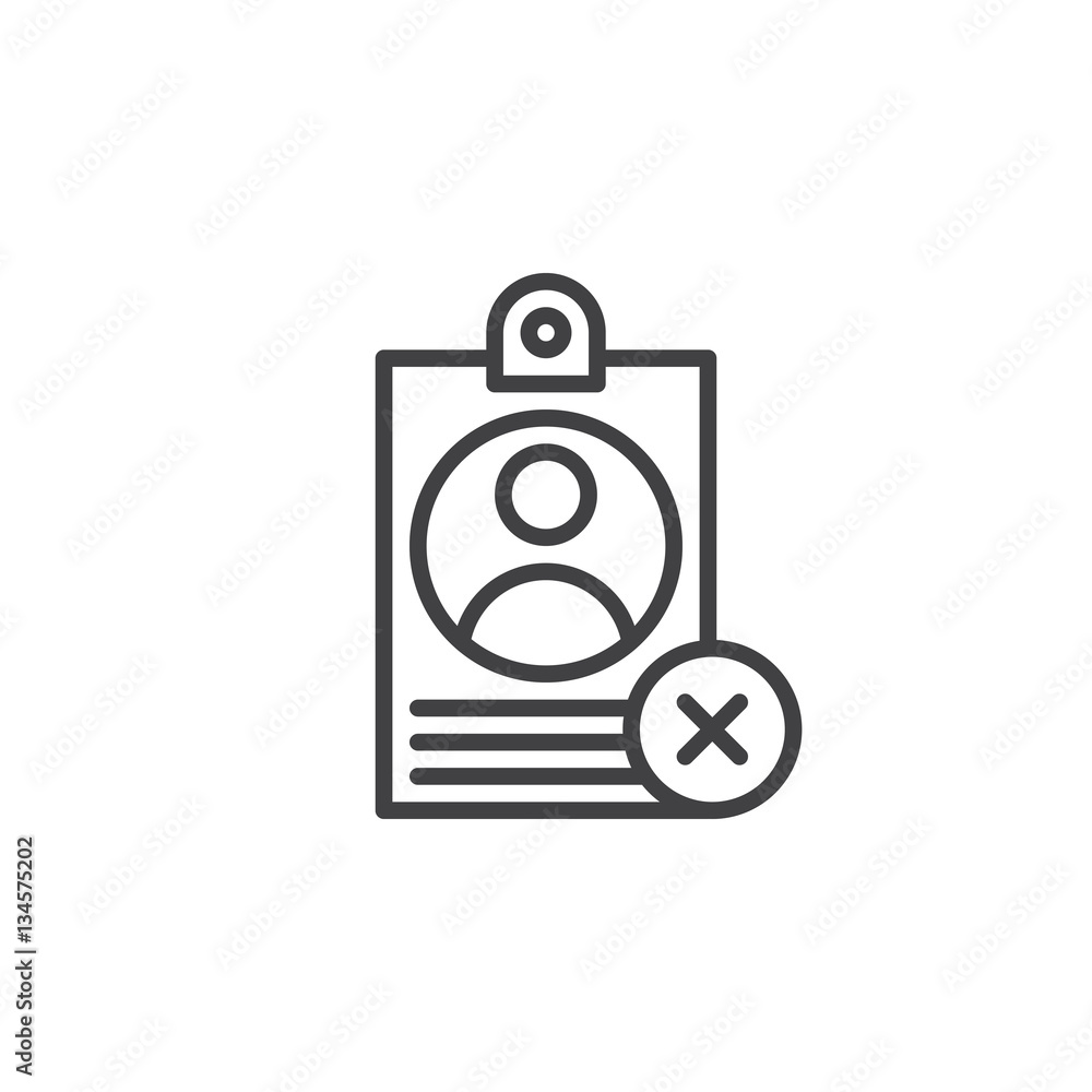 Personal badge with X mark line icon, outline vector sign, linear pictogram isolated on white. User id not verified symbol, logo illustration
