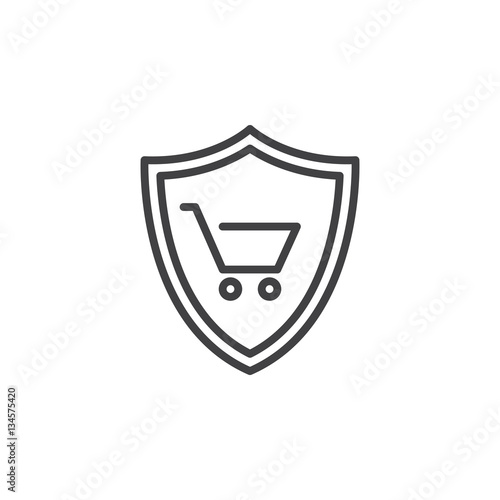 Shield with shopping cart line icon, outline vector sign, linear pictogram isolated on white. Buyer Protection symbol, logo illustration