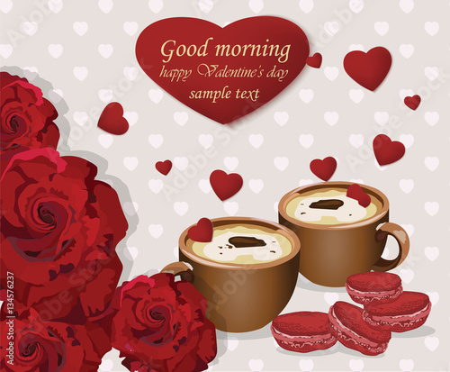 Two coffee cups and red velvet macaroons on hearts background. Romantic roses love. Valentines Day card