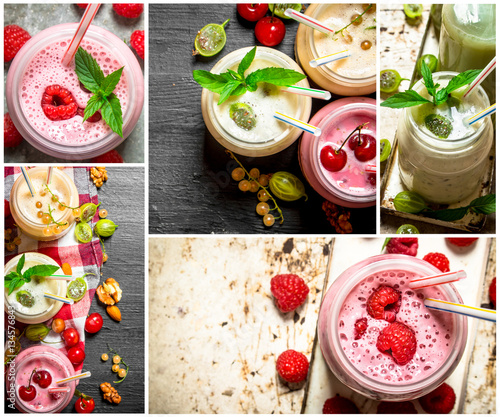 Food collage of berry smoothie .