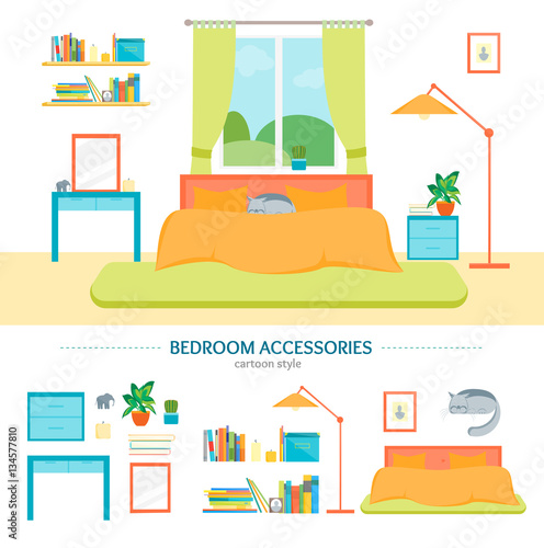 Interior Classic Bedroom with Furniture and Elements Set. Vector