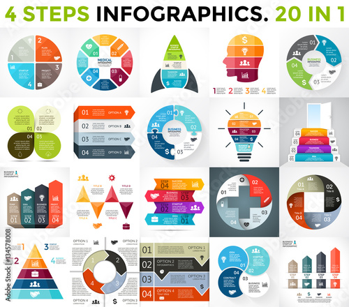 Vector best infographics set. Business diagrams, arrows graphs, startup presentations template, idea charts. Data options with 4 parts, steps, processes. 20 in 1.