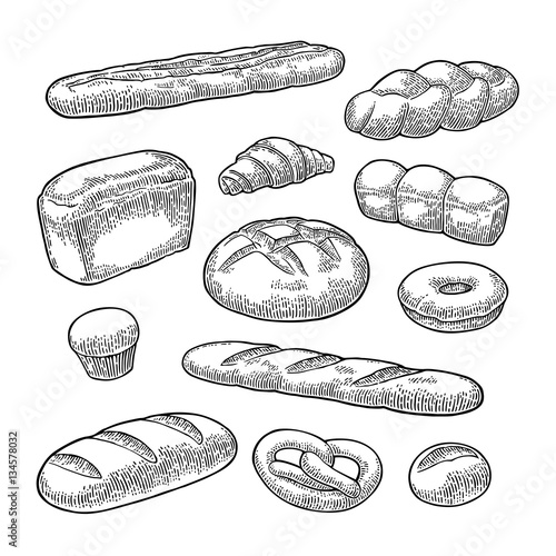 Set bread. Vector black vintage engraving