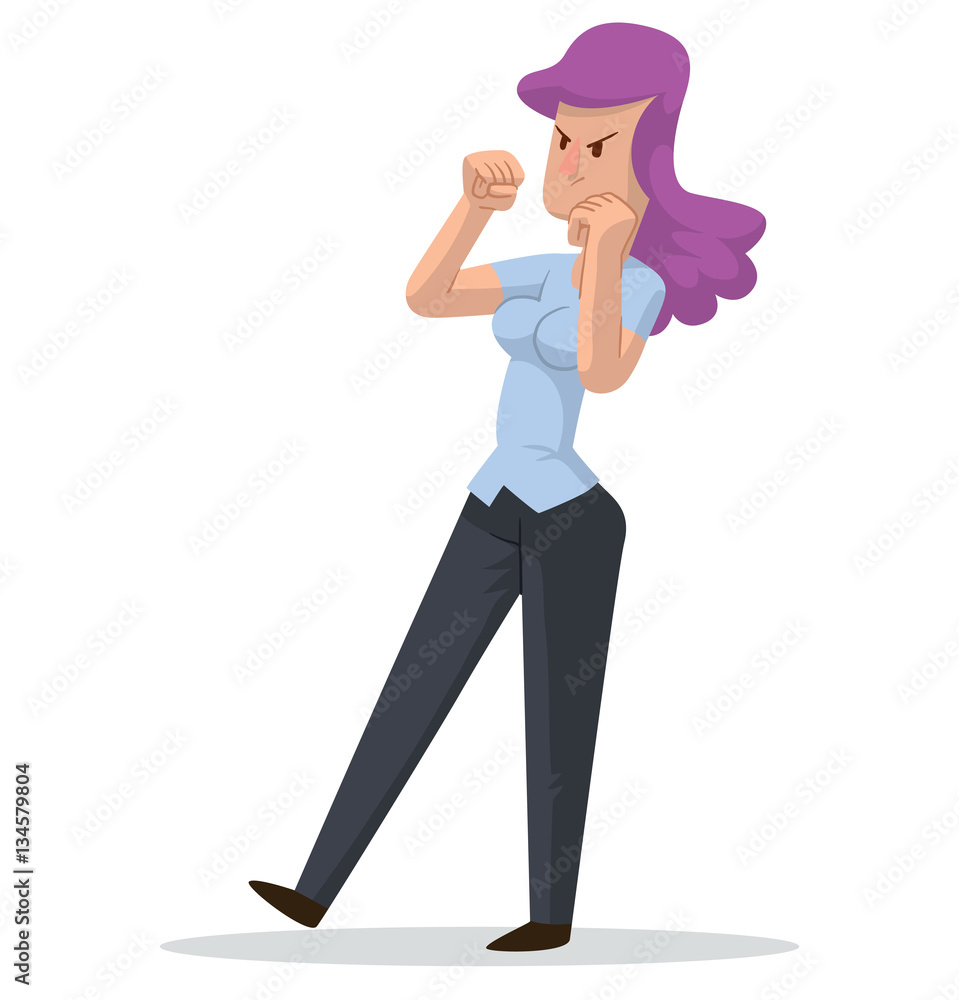Vector cartoon image of a business woman with wavy purple hair in black trousers and light blue blouse, fighting on a white background. Business fight. Office warrior. Vector illustration.