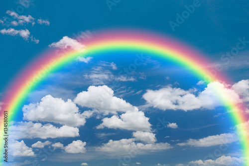 Blue sky and white cloud with rainbow background.