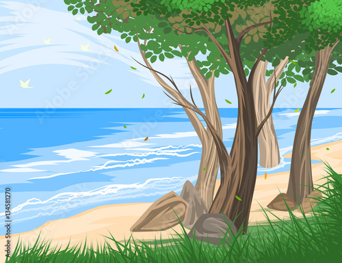 Trees on the beach vector nature seascape background