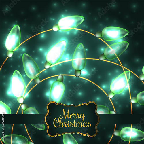 Colorful Green Glowing Christmas Lights.Vector elements can be used as backdrop for new Year decoration. Holiday Illustration, luminous electric garland, shiny light bulbs and wire
