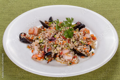 barley risotto with seafood and vegetables