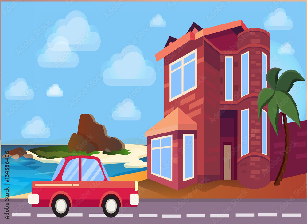facade apartment house, cottage. flat style background of trees, car