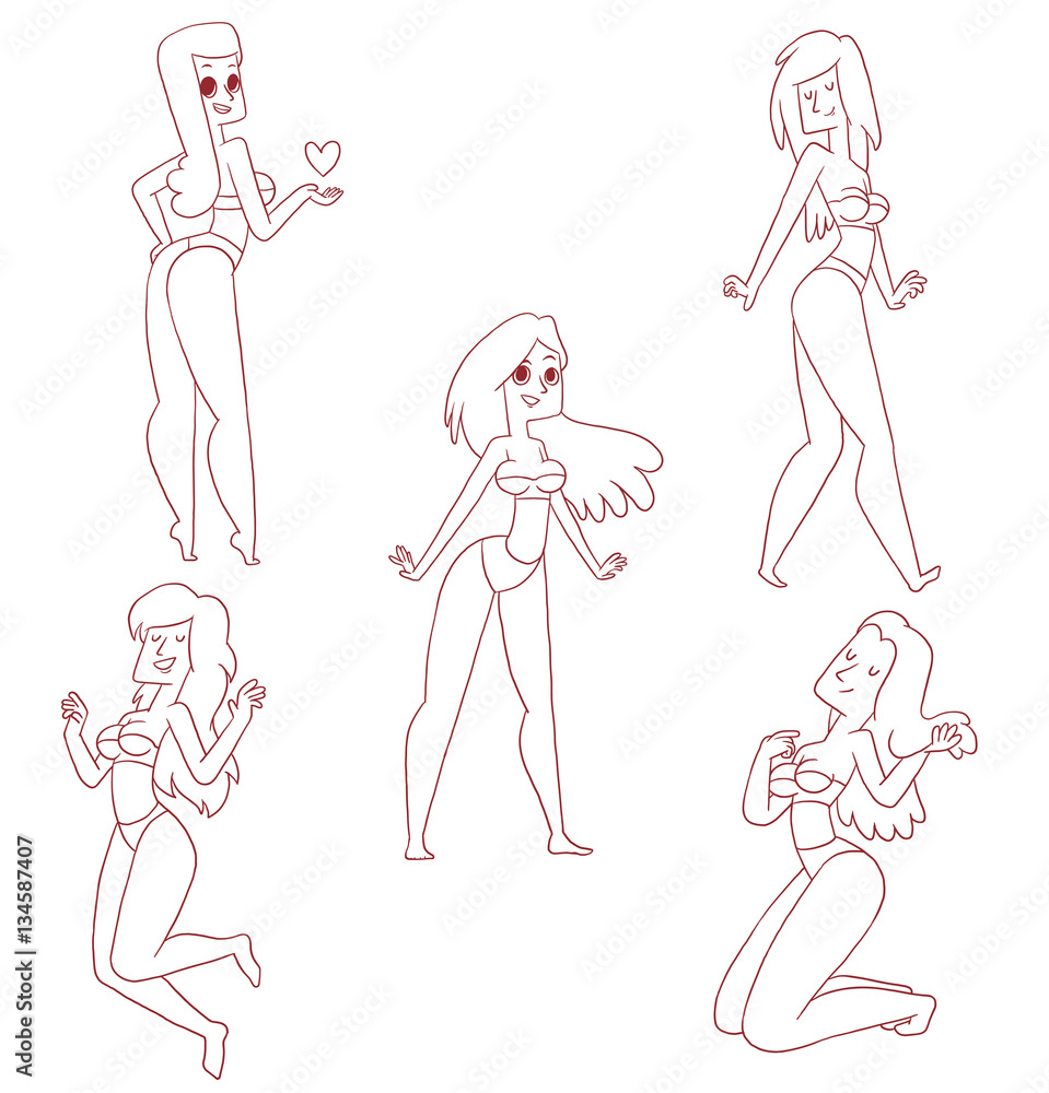 Vector line set of cartoon images of beautiful girls with long hair in a bikini smiling in various poses on a white background. Beauty, fashion. Vector illustration. Vector line set of cartoon images of beautiful girls with long hair in a bikini smiling in various poses on a white background. Beauty, fashion. Vector illustration.