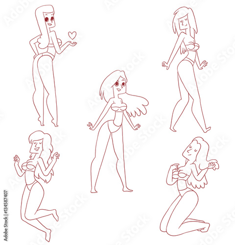 Vector line set of cartoon images of beautiful girls with long hair in a bikini smiling in various poses on a white background. Beauty  fashion. Vector illustration.