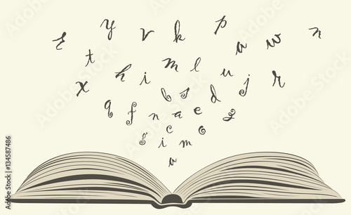flying letters from old open book